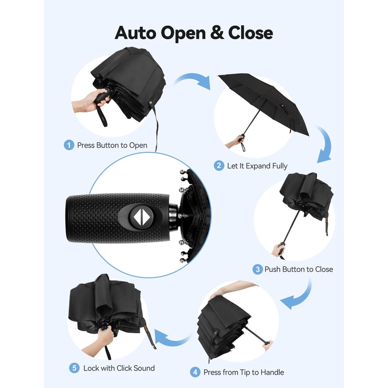 TECKNET Umbrella Windproof Strong for Rain, Large Automatic Folding Umbrella