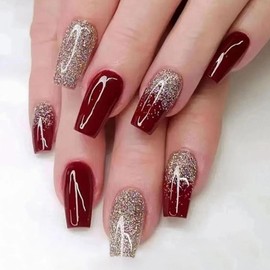 MISUD Press on Nails - Long Coffin Fake Nails with Wine Red, Acrylic Bling Gold Glitter Burgundy Design 24 pcs