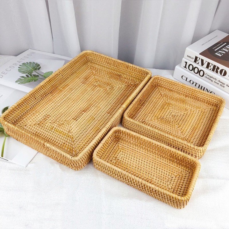 Rattan Tray Tabletop Organization Hand Woven Snack Storage Basket Multifunctional