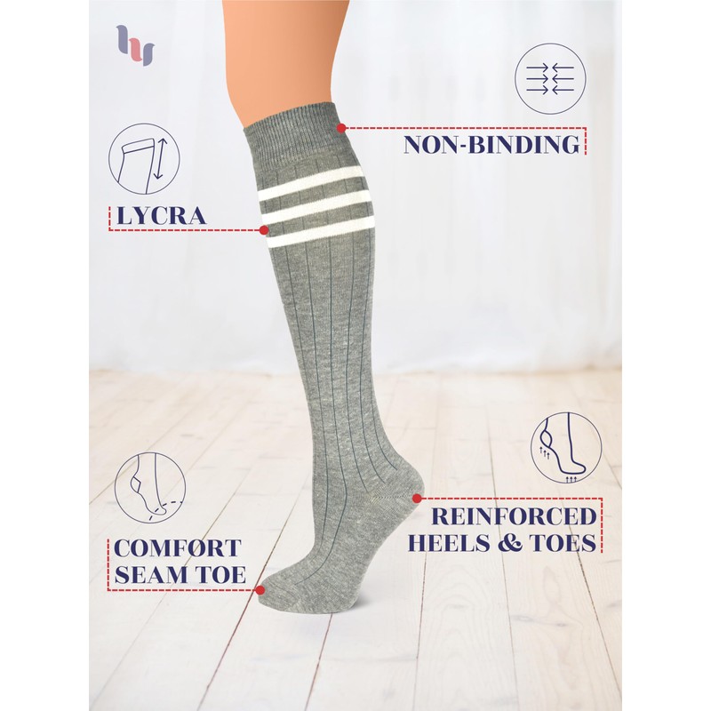 HUGH UGOLI Women Cotton Knee High Socks with 3 Stripes,