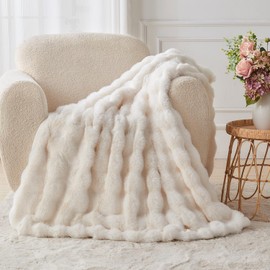 Lotus Karen Faux Fur Throw Blanket Cream White - Big Bubble Rabbit Fluff Blanket for Couch Bed Sofa,Softest Fluffy Fuzzy Cozy Blanket,Thick Furry Plush Shaggy Warm Blankets for Women,50x60 Inches