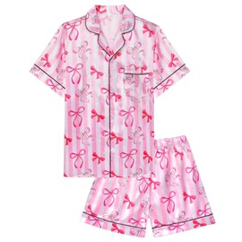 Sylfairy Girls Pajamas Silk PJS Set Pink Bow Satin Sleepwear Short Sleeve Jammies for Kids Button-Down Nightwear Loungewear size 11-12 Pink Strip Butterfly