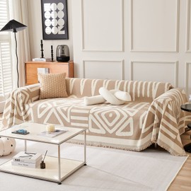 STACYPIK Boho Couch Cover, Khaki Sofa Cover for Dogs, Tassels Loveseat Cover for Sectional, L-Shape Protector for 3 Cushion Couch, Washable Chenille Slipcover, Multi-Use Decorative Blanket-71X134IN