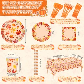 Funnymoom 452 Pcs Fall Party Decorations, Maple Leaves Fall Paper Plates Napkins Cups Tablecloth Cutlery Straws for Autumn Thanksgiving Theme Birthday Holiday Party Supplies, Serves 50
