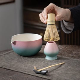 TEANAGOO Japanese Tea Set (7pcs) Matcha Whisk Set Matcha Bowl with Pouring Spout Bamboo Matcha Whisk (Chasen) Scoop (chashaku) Matcha Whisk Holder Tea Making Kit. N11, Green Grident Pink