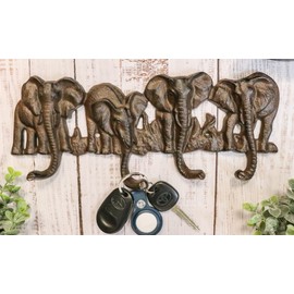 Ebros Gift Cast Iron Vintage Rustic Bronzed Safari Elephants with Long Trunks by Watering Hole 4-Pegs Wall Hook Hanger Wildlife Savannah Grassland Pachyderm Elephant Family Hanging Hooks Sculpture