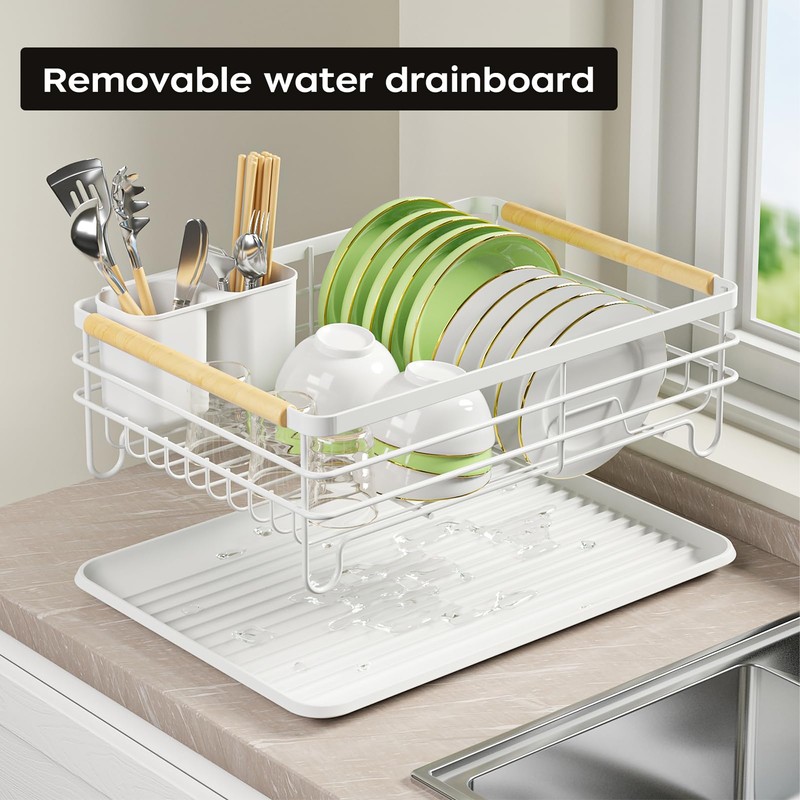 jouzevic Dish Racks for Kitchen Counter: Wooden Handles, Thickened Metal,