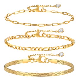 Dainty Gold Women Chain Bracelets - 14K Gold Plated Layered Bracelets Set for Women, Stainless Steel Stackable Figaro Paperclip Herringbone Link Chain, Adjustable Women Bracelet Gift