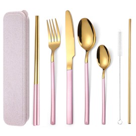 AARAINBOW - Juego de 7 cubiertos de acero inoxidable, portátil, reutilizable, juego de utensilios de viaje, incluye palillos, cuchillo, tenedor, cuchara, pajitas, cepillo para polvo de limpieza, apto