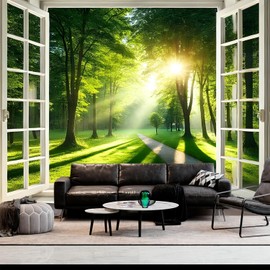 FENDROM Window View Misty Forest Tapestry Wall Hanging Nature Green Landscape Tapestry Sunshine Through Tree Wall Blanket for Bedroom Living Room Dorm Decor