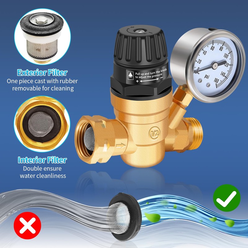 Boltigen RV Water Pressure Regulator with Gauge, Adjustable Handle Water