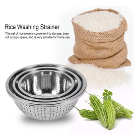 3PCS Rice Washing Bowl, Stainless Steel Colander Fine Mesh Strainer Basket Kitchen Drainage Basket Multiple Sizes Mixing Bowl for Rice, Vegetables, Fruits