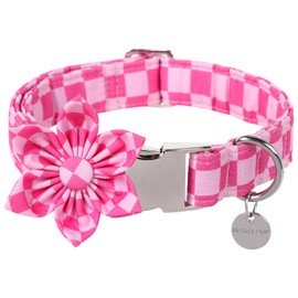 Dog Collar with Flower, UP URARA PUP Cute Pink Dog Bowtie Collar, Detachable Flower Bow Puppy Collar with Metal Buckle for Dogs,L