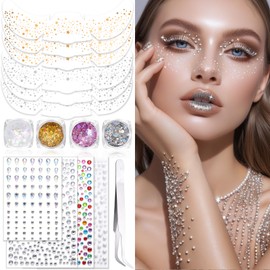 U-Shinein Glitter Freckles Face Tattoo, 6 Pcs Gold & Sliver Face Makeup Patches, Glow Up Makeup Patches, Self Adhesive Face Gems Stickers, 4 Colors Face & Body Glitter Gel, Festival Rave Accessories