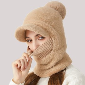 Rayson 3 in 1 Knitted Hat Scarf Set for Women Winter Warm Stretch Beanie with Bobble for Outdoor Sports, khaki