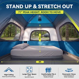4 Person Instant Cabin Tent with Rainfly, Easy Setup Family Camping Tent