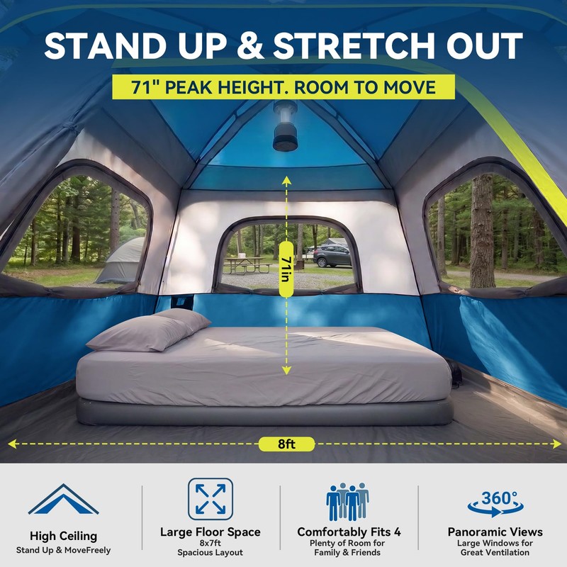 4 Person Instant Cabin Tent with Rainfly, Easy Setup Family