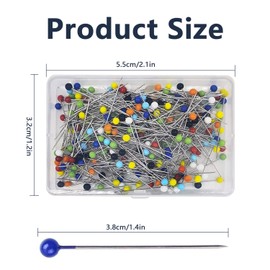 250Pcs Sewing Pins Glass Head Pins 38mm Long Pearl Head Pins Quilting Pins with Colored Ball Glass Head for Fabric Dress Making Pins for Tailoring Jewellery DIY Jewellery Crafts