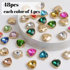 URROMA 48 Pieces Crystal Heart Birthstone Charms, Colorful Rhinestone Pendants, DIY Bead Pendants for Making Jewellery Necklace Bracelet Earrings 12 Colors Alloy, Metal
