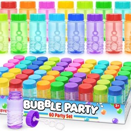 Bulk Neon Bubble Solution Bottles - Lid-Attached Wands, Party Favor Set in Display Box, 60 Pcs | Birthday Decor, Goody Bag Stuffers Supplies, Pinata Fillers, Carnival & Summer Outdoor Toy Gift for Kid