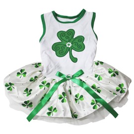 Pet Supply St Patrick's Day Wear CLOVER White Top Green Leafs Tutu Dog Dress, l, White