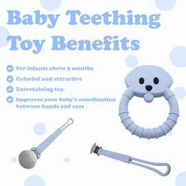Baby Teething Toy Set - Includes Blue Pacifier Clip & Bear Teether - Silicone Chew Toys for Infants Newborns - BPA Free Freezer Safe