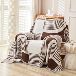 WEYOND Boho Chenille Couch Cover with Tassels, Bohemian Sofa Cover for 1 Cushion Couch, Armchair, Chair, 1 Seater (71" x 91", Coffee)