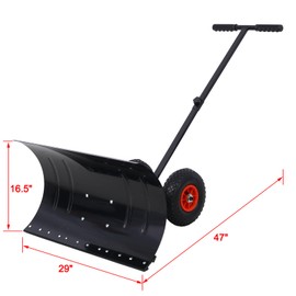 PULLAFUN Snow Shovel with Wheels, Snow Pusher, Cushioned Adjustable Angle & Height Handle Snow Removal Tool, 29" Blade, 10" Wheels