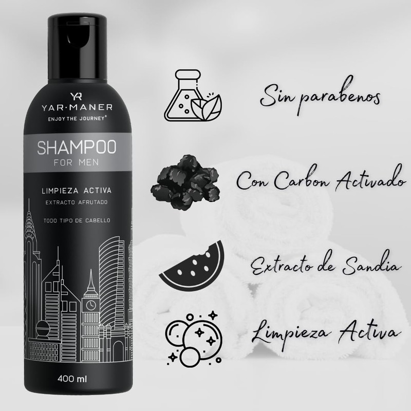 Shampoo con carbón activado para el hombre YARMANER, 400ml, Limpieza