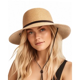 FURTALK Womens Wide Brim Sun Hat with Wind Lanyard UPF Summer Straw Sun Hats for Women Khaki