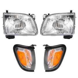 HECASA Headlight & Corner Light w/Bulbs Compatible with 2001-2004 Toyota Tacoma Replacement for TO2503136 TO2502136 Halogen Front Headlamp Bumper Head Lights Clear Lens Black Housing Left&Right Side