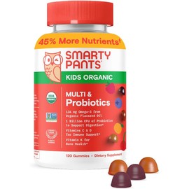 SmartyPants Organic Kids Multivitamin Gummies: Probiotics, Omega 3 (ALA), Vitamin D3, C, Vitamin B12, B6, A, K & Zinc for Immune Support, Biotin, Three Fruit Flavors, 120 Count (30 Day Supply)