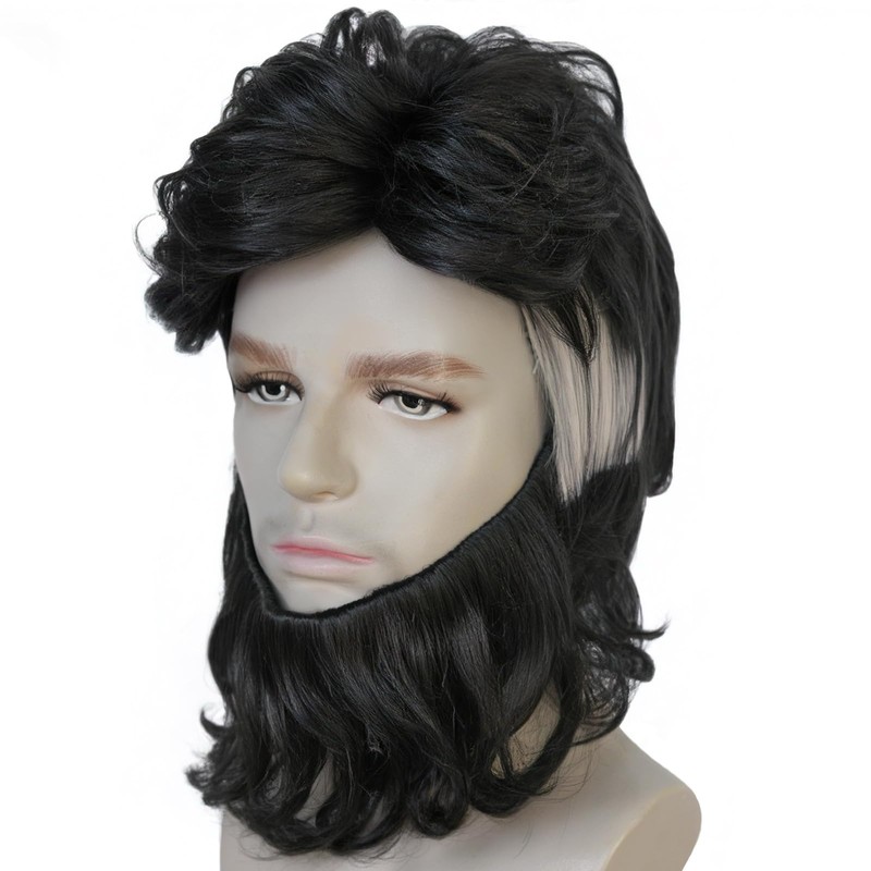 ESUNO Mens Short Black Wig with Beard Billionaire Wig Black