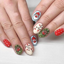 Christmas Press on Nails Short, Glue on Nails Snowman with Snowflake Design, Red Christmas Fake Nails Acrylic Nails, Stick on Nails for Women Girls Christmas Nails Decoration 24Pcs