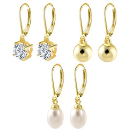 3 Piars Leverback Earrings Set for Women Ball Cubic Zirconia Pearl Drop Earrings Leverback Dangle Stud Earrings (14K Gold)