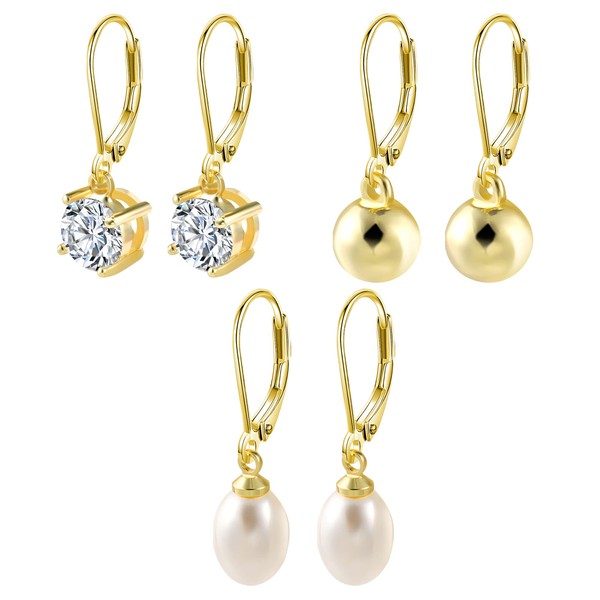 3 Piars Leverback Earrings Set for Women Ball Cubic Zirconia