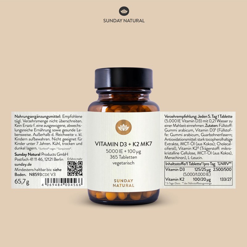 SUNDAY NATURAL® Vitamin D3 K2 High Dose - 365 Tablets