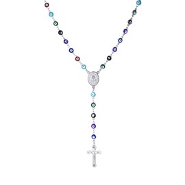 U7 Women Mens Stainless Steel Link Colorful Evil Eye Beaded Rosary Necklace With Crucifix and Medal