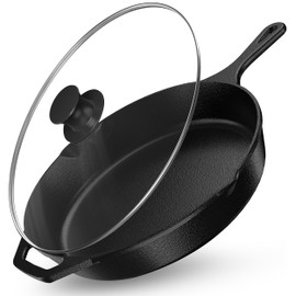 Utopia Kitchen Saute Frying Pan 12 Inch, Cast Iron Chefs Pan, Pre Seasoned Cast iron Skillet With Lid, Safe Grill Cookware for Indoor & Outdoor Use, Black