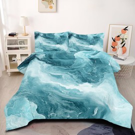 CCoutueChen Teal Marble Comforter Set Queen Size Abstract Textured Marbling Bedding Set Girls Women Artistic Summer Cooling Comforter 3 Pieces (1 Comforter, 2 Pillowcases)