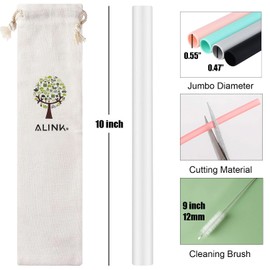 ALINK Reusable Clear Silicone Boba Straws, 4-Pack Extra Wide Smoothie Straws for Bubble Tea/Shakes/Tapioca Pearls with Cleaning Brush and Carrying Case
