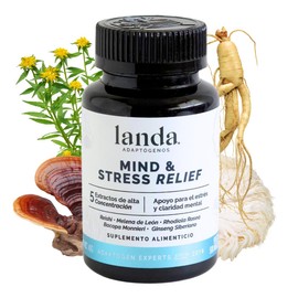 LANDA | Mind & Stress Relief | Suplemento natural con Reishi, Melena de León, Rhodiola, Bacopa y Ginseng Siberiano | Cápsulas adaptógenas para estrés,