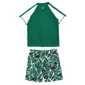 SwimZip Boys Short Sleeve Rash Guard & Swim Shorts Set - UPF 50+ Sun Protection Palm Leaf