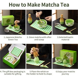 7pcs Traditional Matcha Tea Ceremony Set, green Ceramic Bowl with Bamboo Whisk, Holder and Strainer (Green grid) Elegant Matcha Set for Gifting and Personal Use, Gift Box Packaging