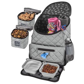 Mobile Dog Gear, Dog Travel Bag, Deluxe Quilted Weekender Backpack, Includes Lined Food Carriers and 2 Collapsible Dog Bowl, Gray