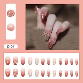 Rilafuvu Acrylic Press Nails Medium Coffin Shape 3D Rhinestone Glitter Artificial Nails Red Ombre Press Ons 24Pcs