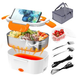 CHARMDOO Electric Lunch Box, Food Warmer Heater 12V 24V 110V, 80W Faster Heated Lunch Box for Car/Truck/Home Portable Heating Boxes with 1.5L 304 SS Container Fork & Spoon, White+Orange