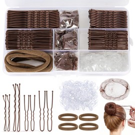 385 Pcs Hair Pins & Bobby Pins Set – 150 U Shaped Hair Pins, 125 Bobby Hair Grips, 100 Clear Elastic Hair Bands, 6 Bun Nets, 4 Scrunchies, Brown Bun Kit with Box