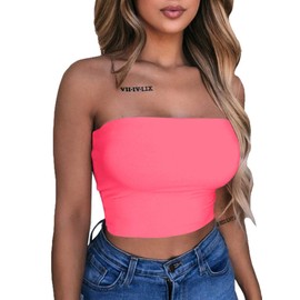 LAGSHIAN Women's Sexy Crop Top Sleeveless Stretchy Solid Strapless Tube Top Fluorescent Pink