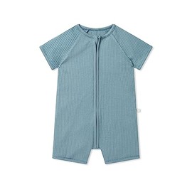 MORI Baby - Luxuriously Soft Summer Sleepsuit for Toddlers in Ribbed Blue - Breathable Bamboo and Organic Cotton Blend - Comfortable Short Sleeve Nightwear - 12-18 Month